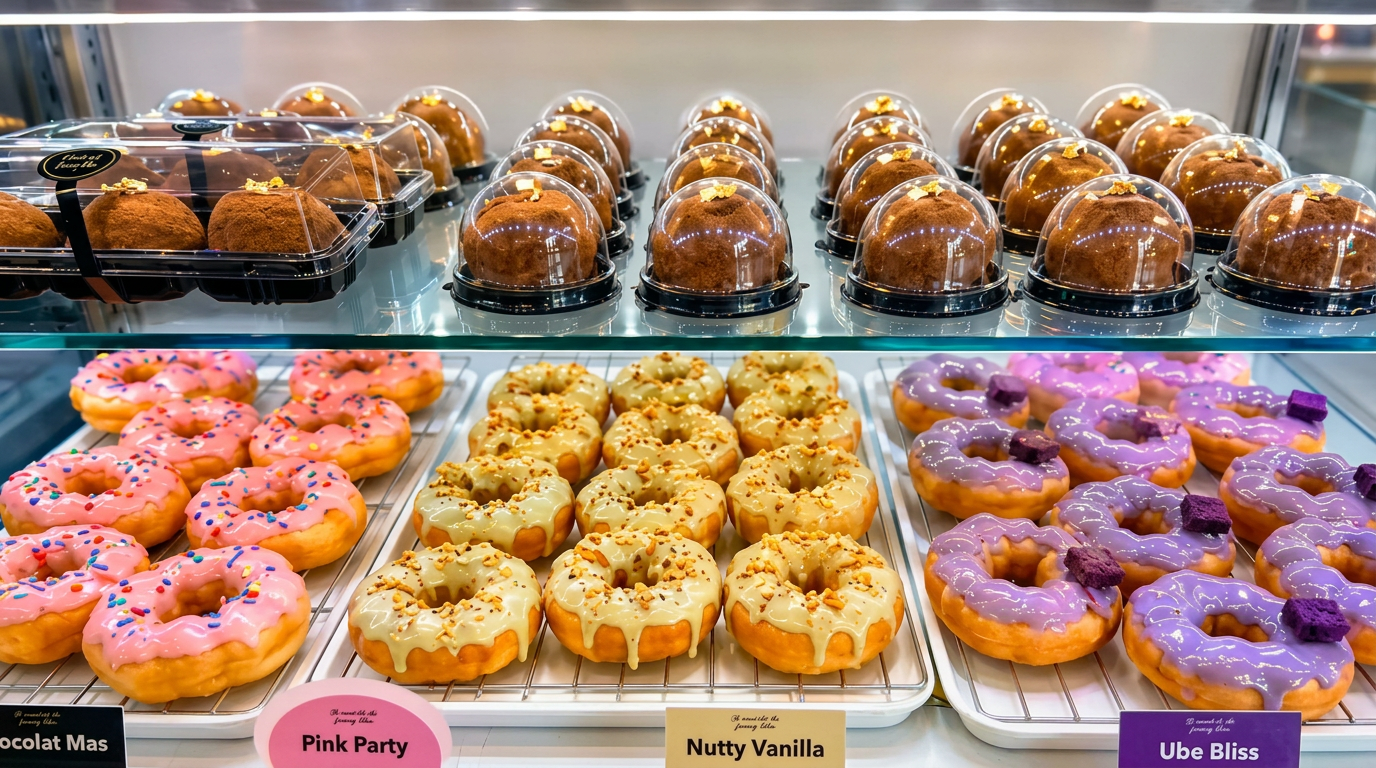 Fresh mochi donuts in the display case